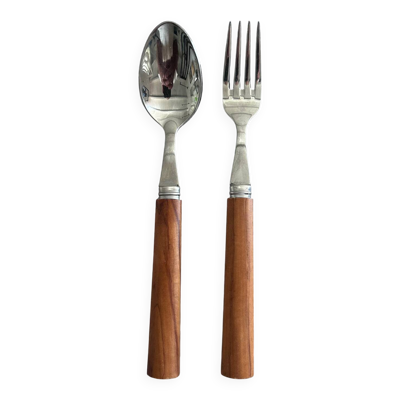 Paire de couverts en inox et olivier