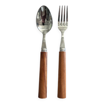 Pair of stainless steel and olive wood cutlery