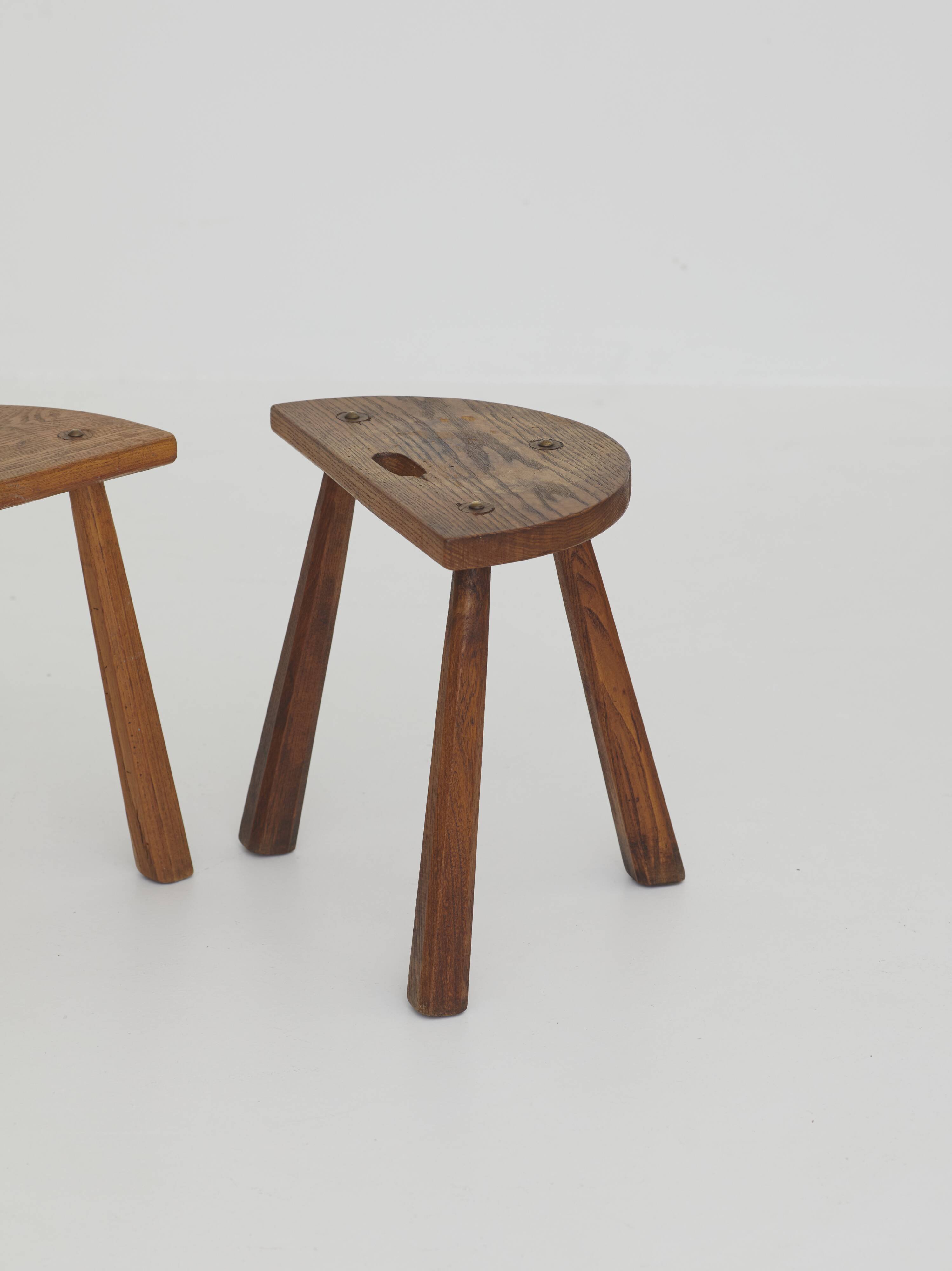 2 vintage solid wood half-moon tripod stools, circa 1950