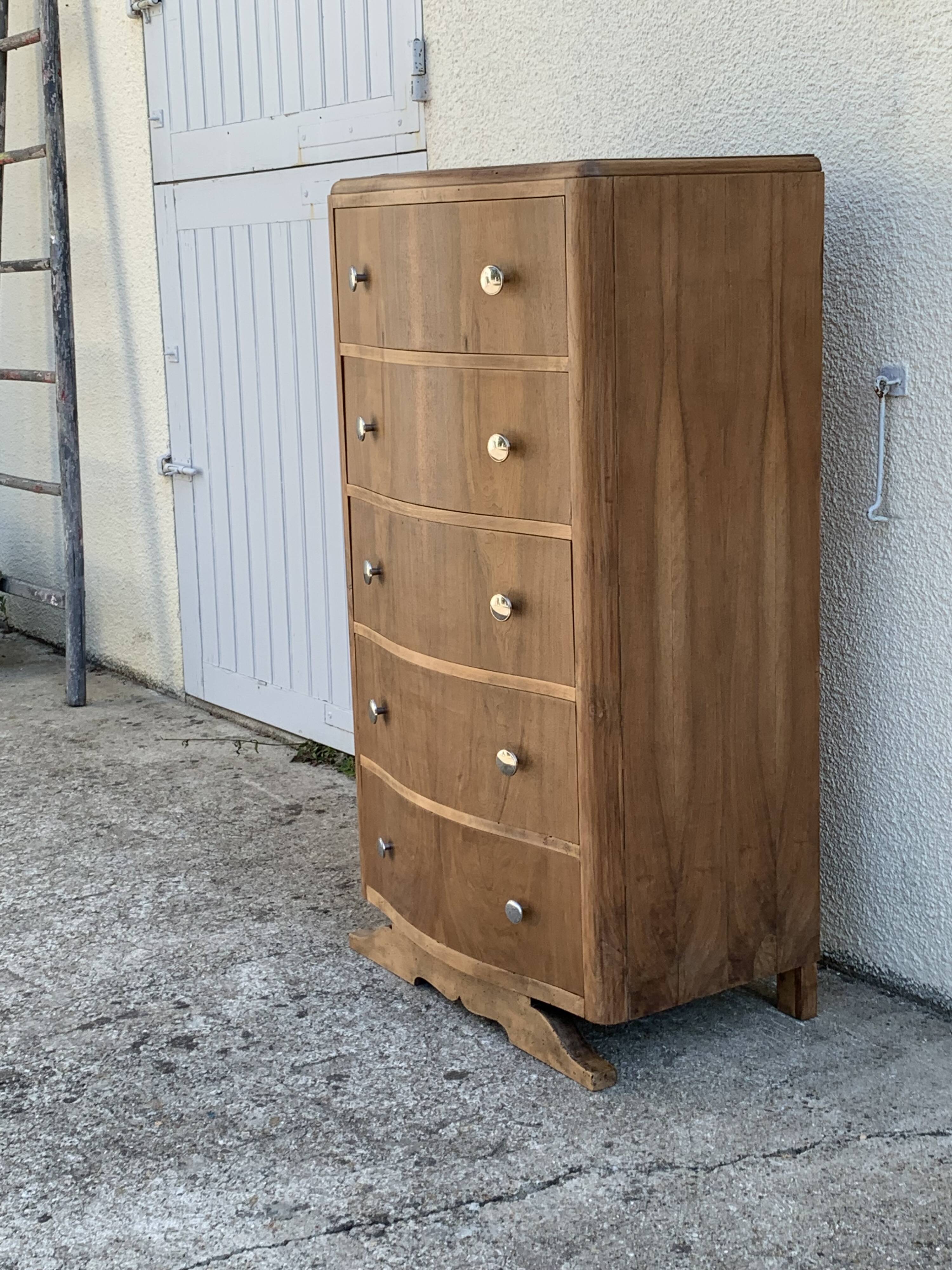 High art deco chest of drawers with mustache feet in raw walnut, 1930s