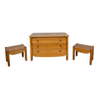 Elm chest of drawers and two elm bedside tables 1980