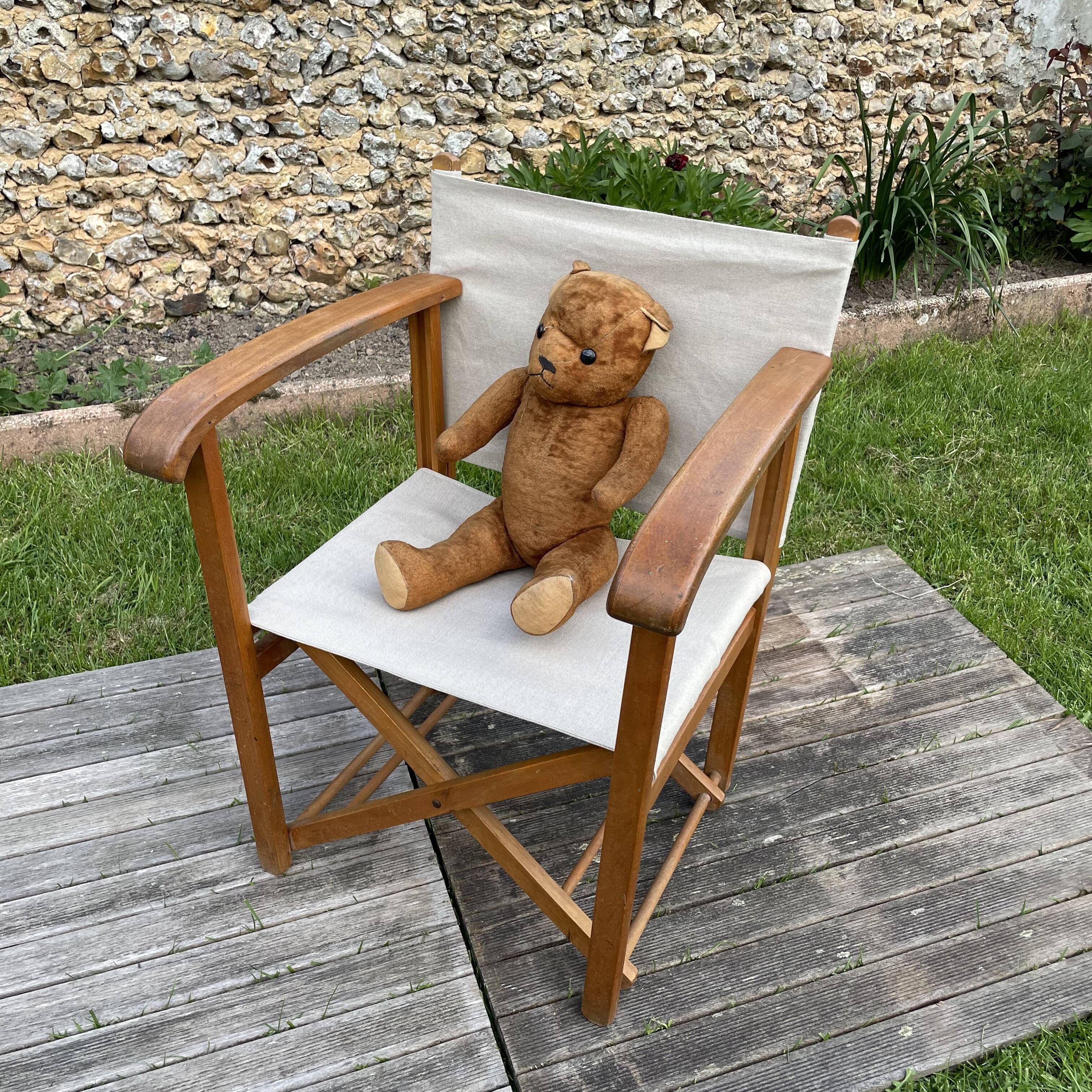 Garden armchair in wood and vintage folding linen canvas