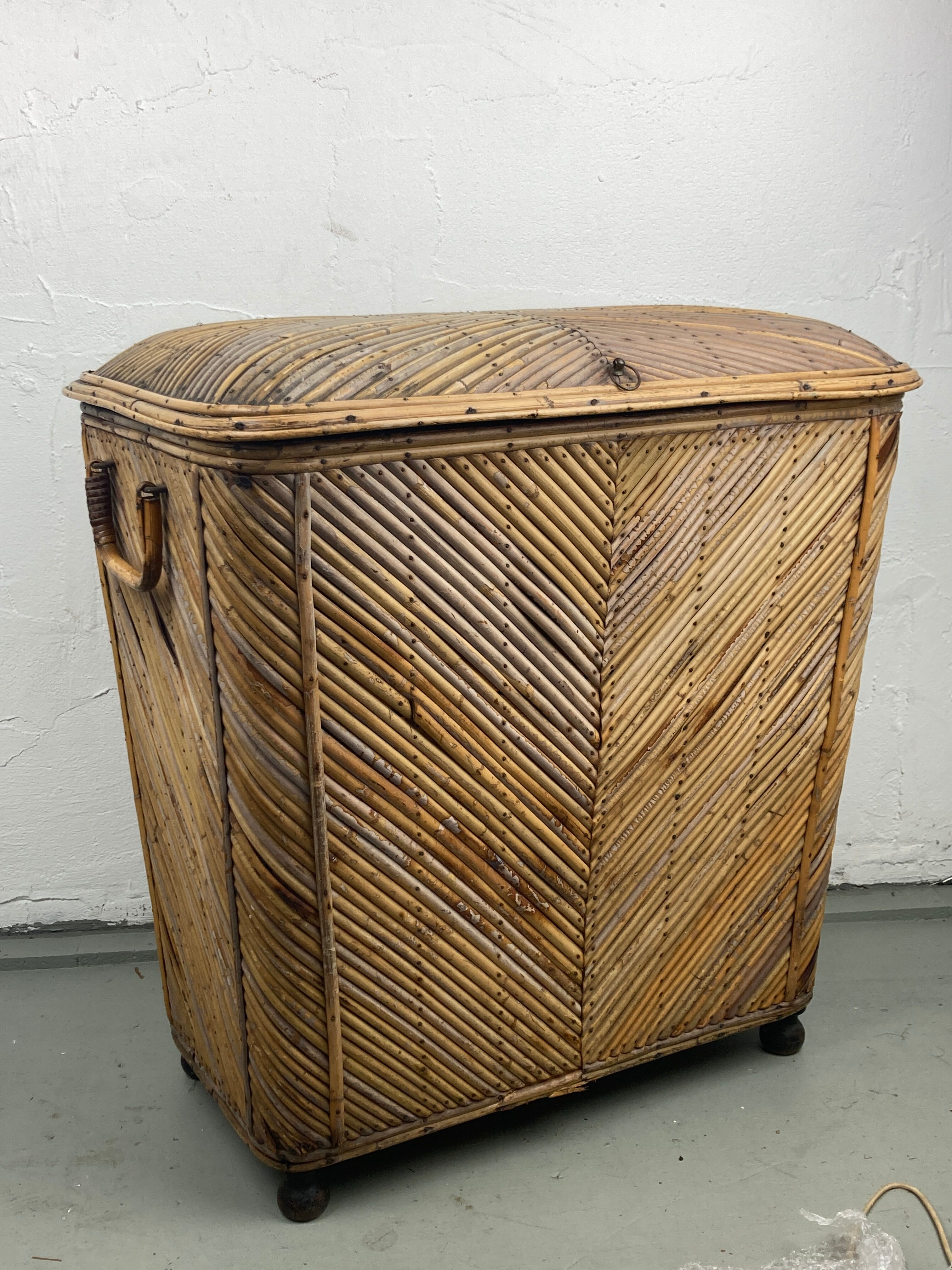 Vintage pencil split reed rattan bamboo wicker chest, 1930s-1950s
