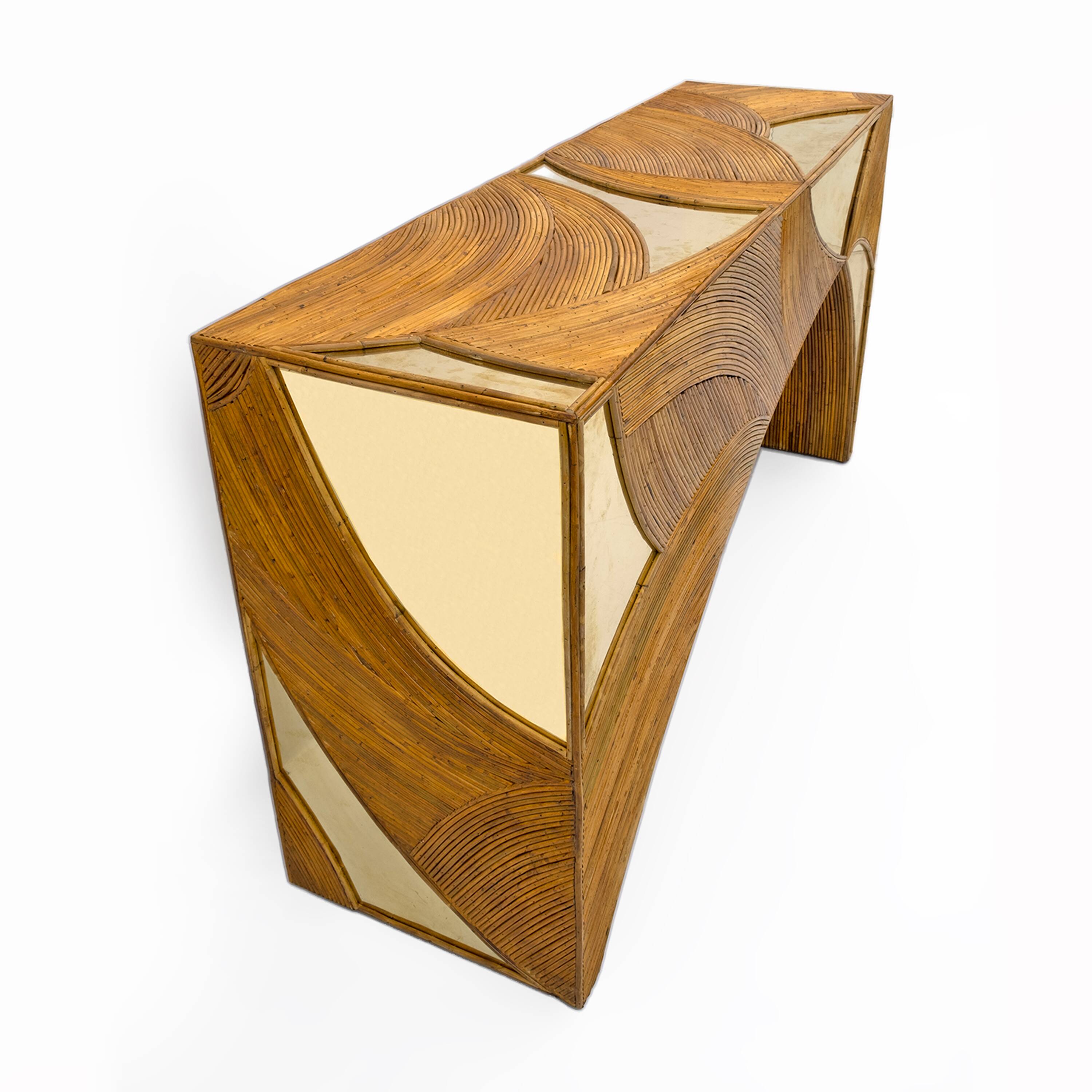 Mid-Century Modern Italian Rattan and Brass Center Console by Vivai del Sud