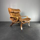 Fauteuil de salon suédois en cuir et bois courbé par Jan Bengstsson, années 1970