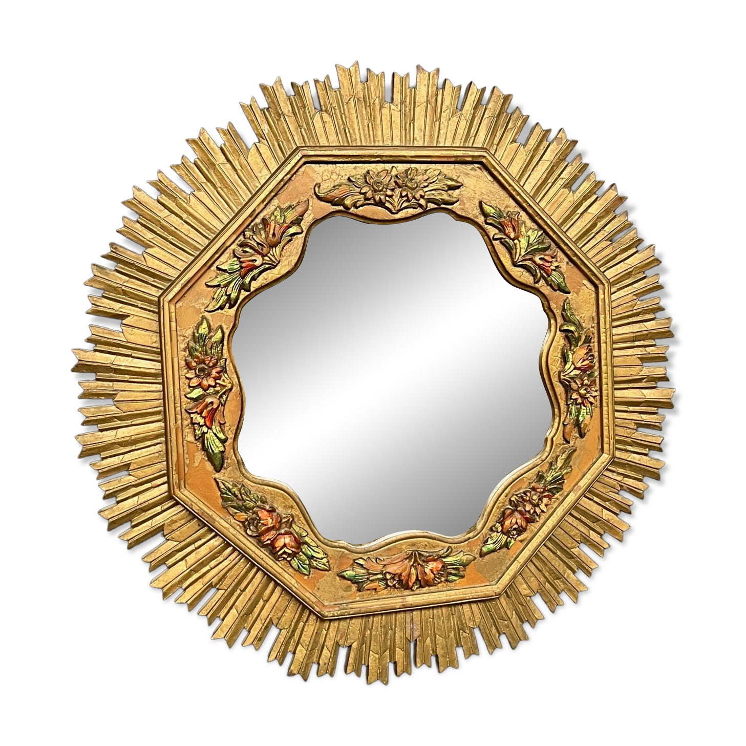 Large wooden mirror with golden sunbeams, Art Deco style.