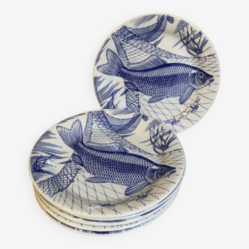 Lot d’un plat + 6 assiettes à poisson vintage, coloris bleu & blanc, terre de fer , Angleterre