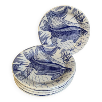 Lot d’un plat + 6 assiettes à poisson vintage, coloris bleu & blanc, terre de fer , Angleterre