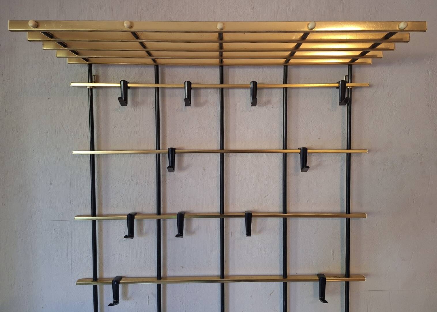 Wall-mounred brass and metal coat and hat rack, 1960s