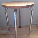 Tabouret 4 pieds tubulaire  assise bois strié, vintage