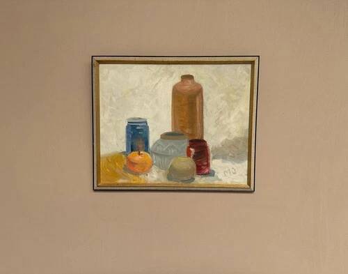 Mid-Century Oil on panel – "Still Life" by M.O. Vintage & Framed 44 × 26 cm