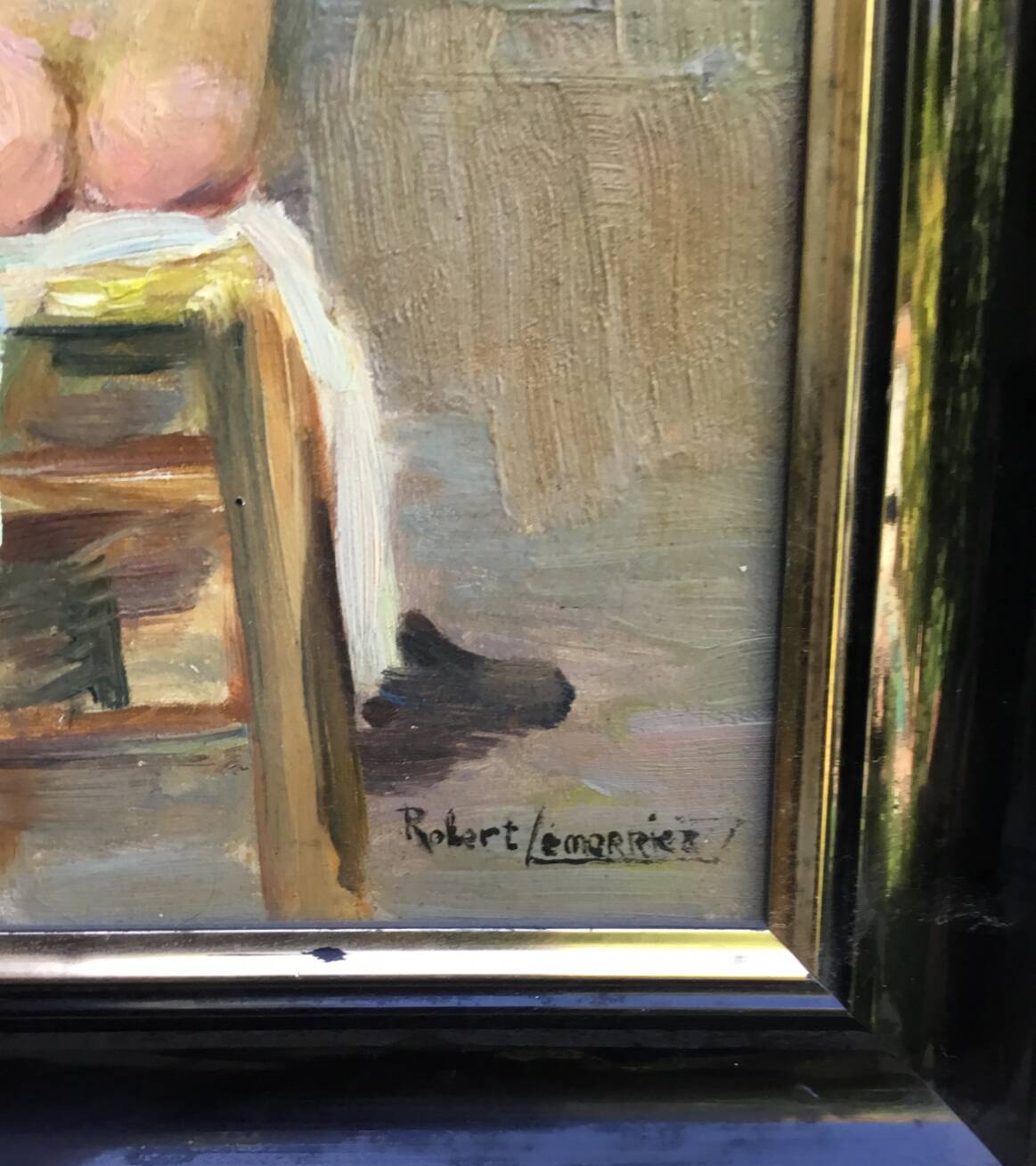 Robert Lemarriez. Nude from behind. Oil on panel, signed and framed.