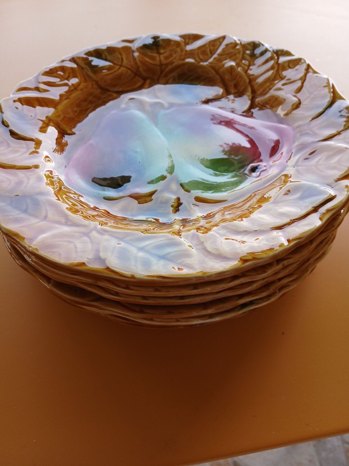 Set of 6 barbotine plates Digoin Sarreguemines from the 1950s-60s.