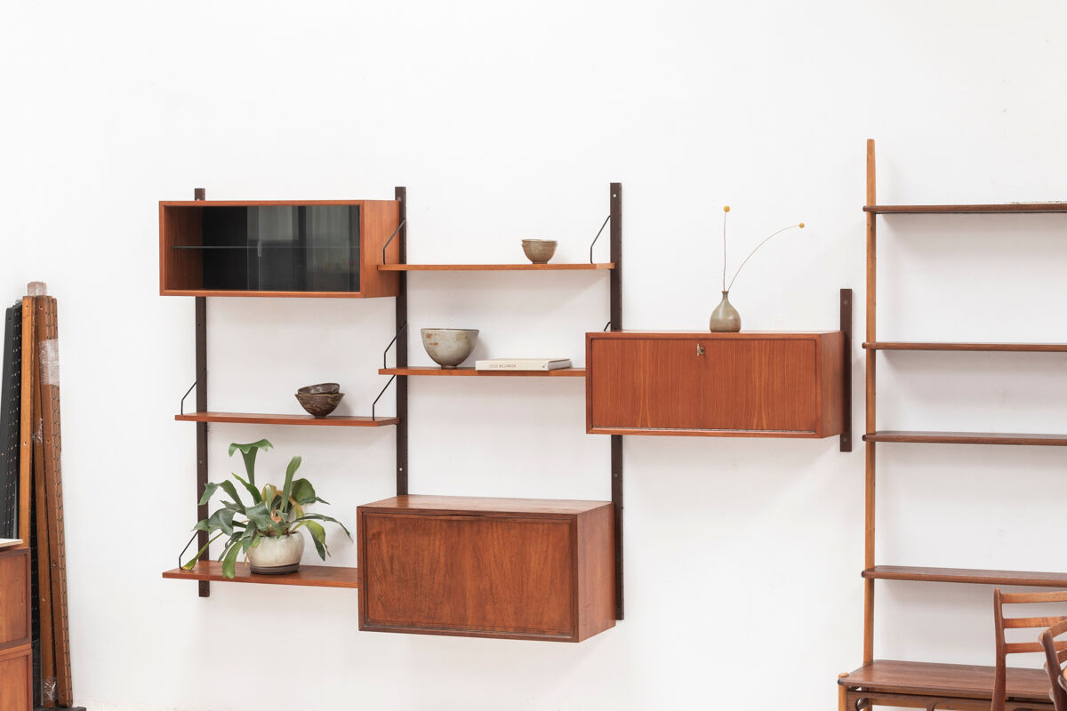 Playful 3-bay wall unit in teak wood by Poul Cadovius, Denmark, 1950s
