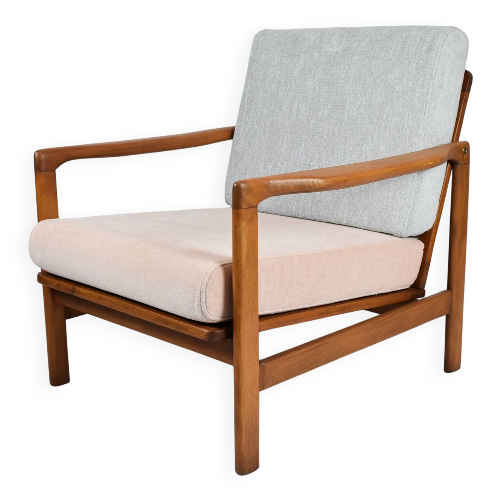 Fauteuil original restauré des années 60, modèle Baczyk, rose poudré et gris, teck