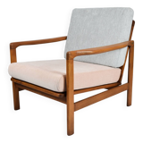 Fauteuil original restauré des années 60, modèle Baczyk, rose poudré et gris, teck