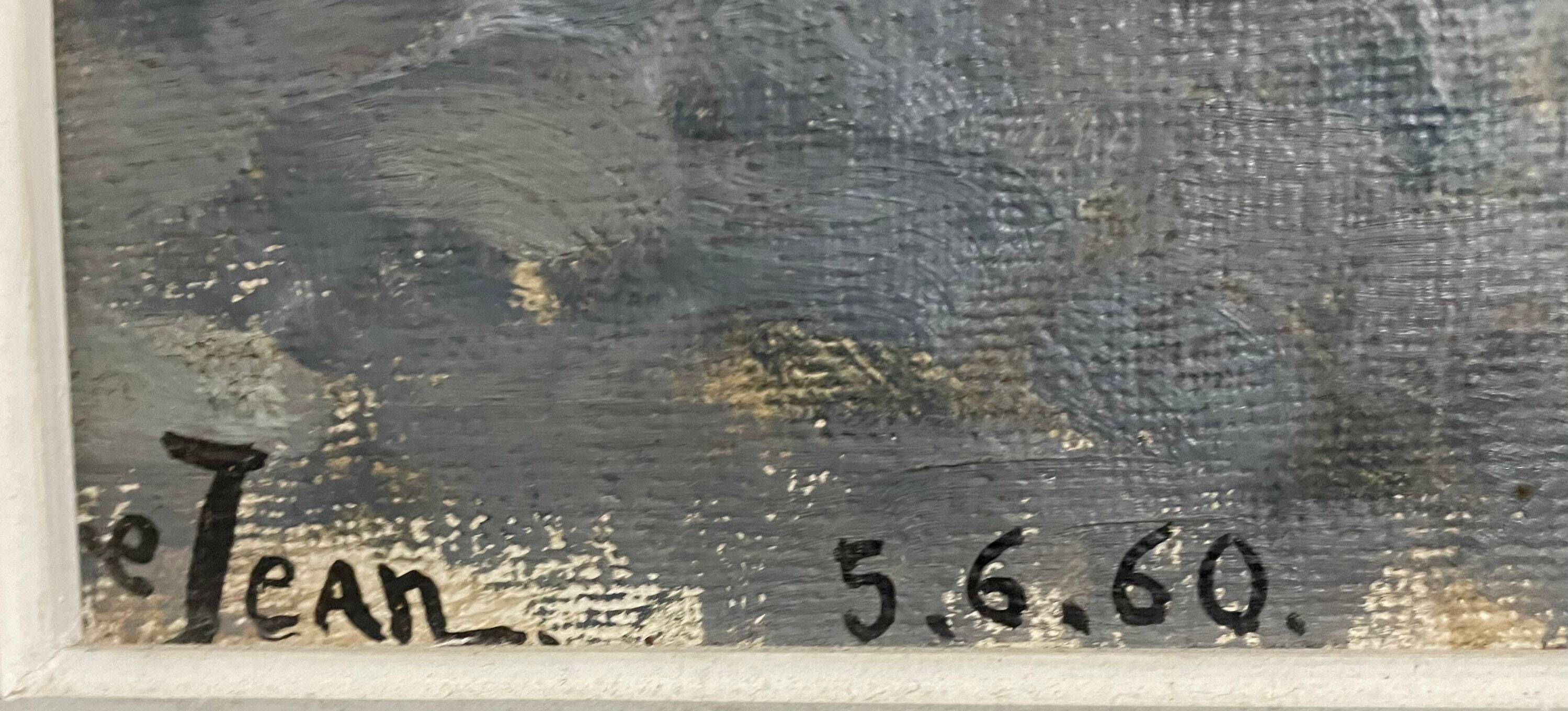 1960s  French Village Street Vintage Oil Painting on Paper with Original