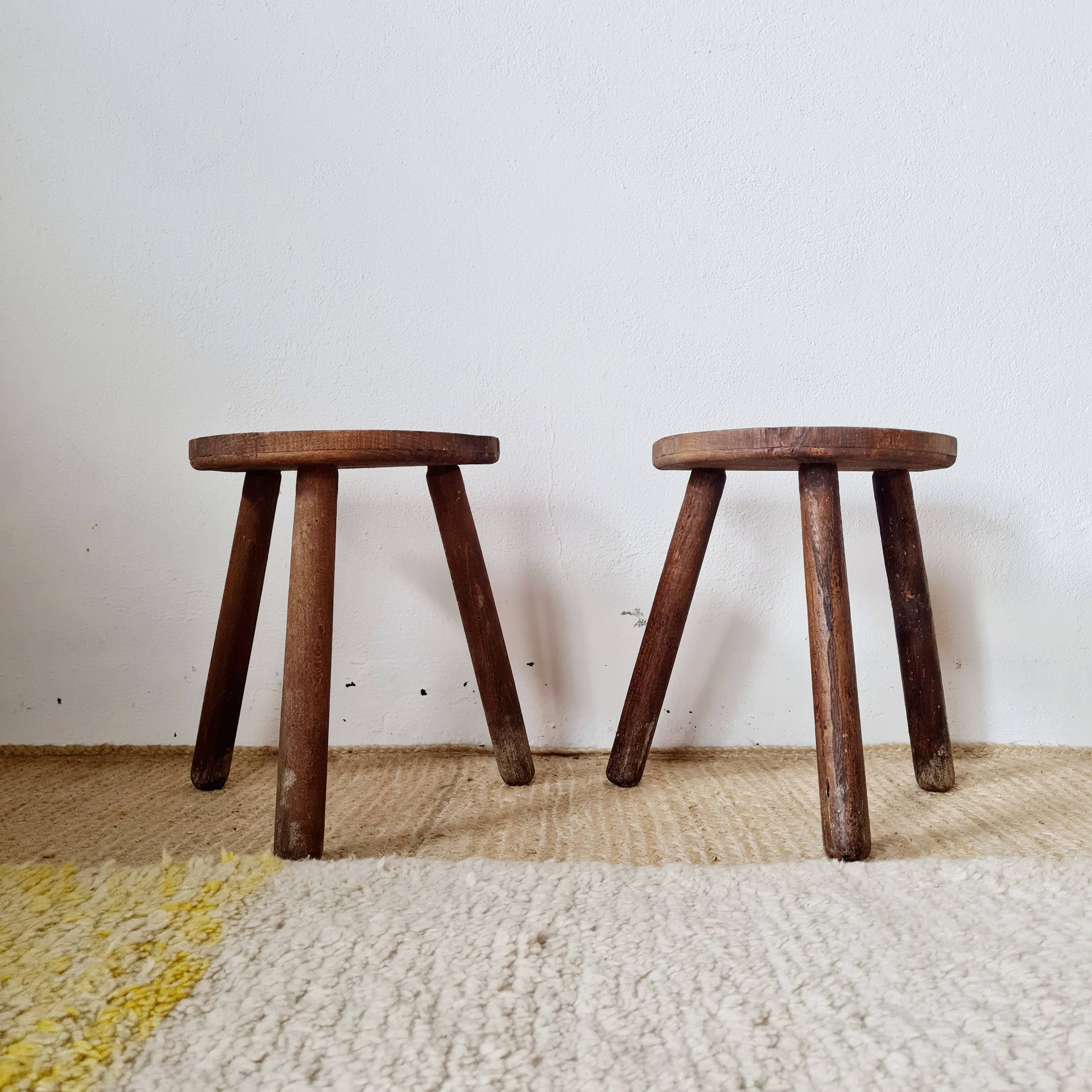 Pair of vintage brutalist tripod stools - folk art