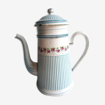 Enamelled coffee maker signed BB striped blue-white, Garland of roses, 10 cups