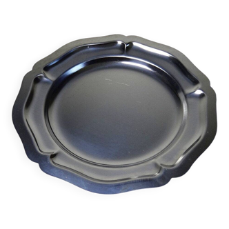 Round stainless steel plate with scalloped edge, French made, vintage 80s-90s.