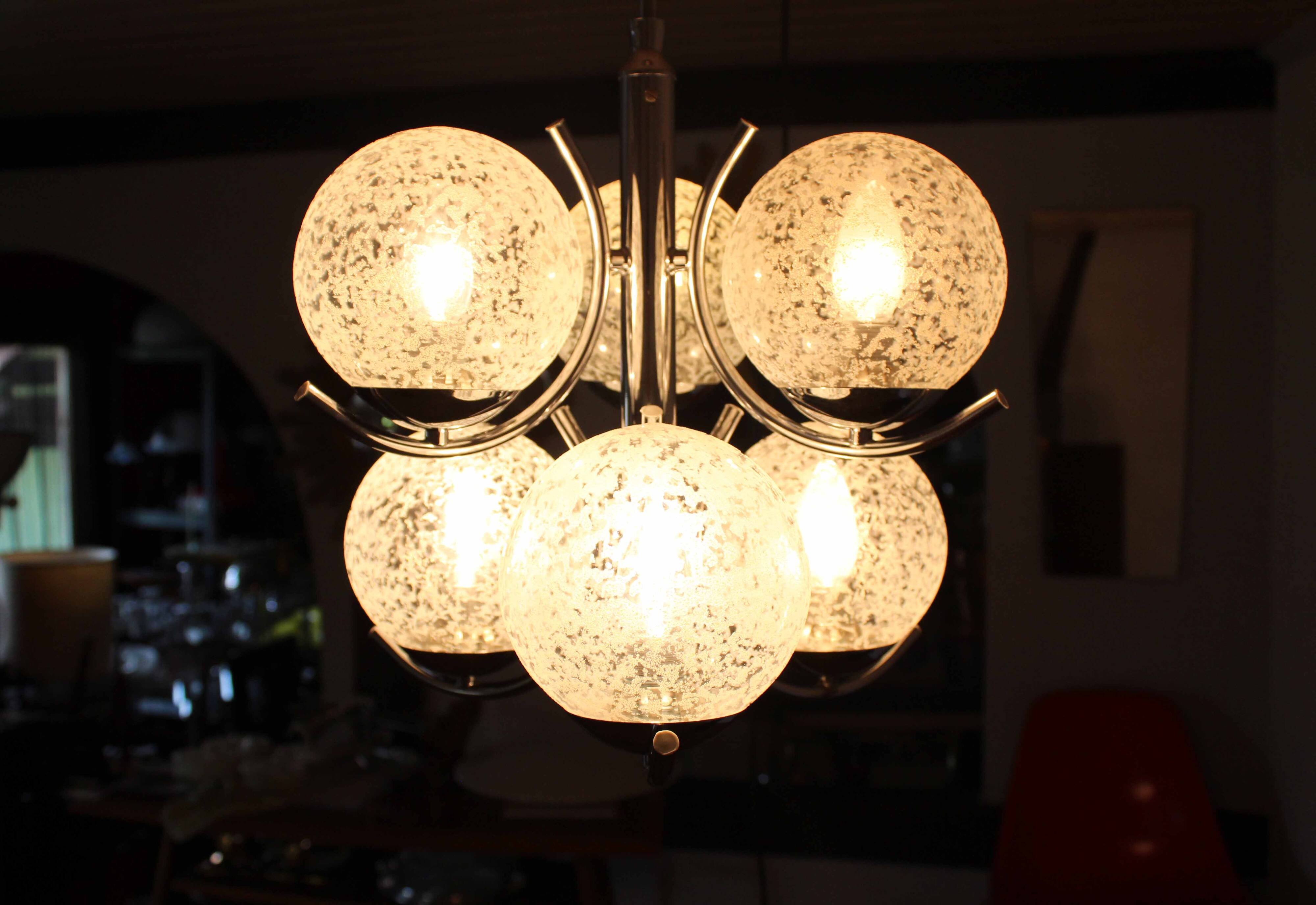 Glass and chrome metal chandelier 1970