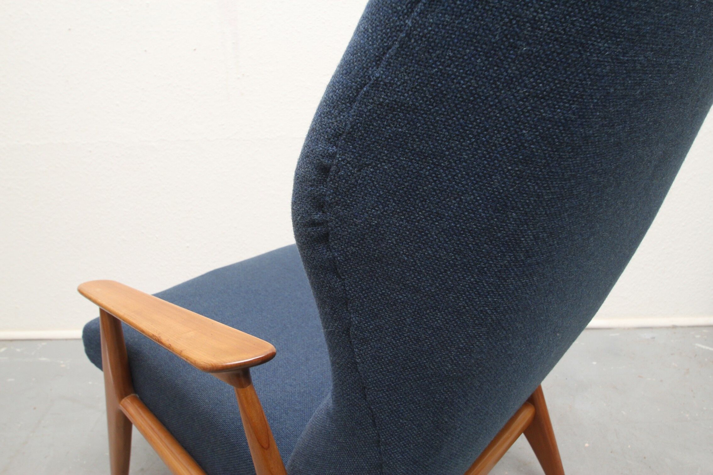 Danish armchair in cherry wood and dark blue fabric