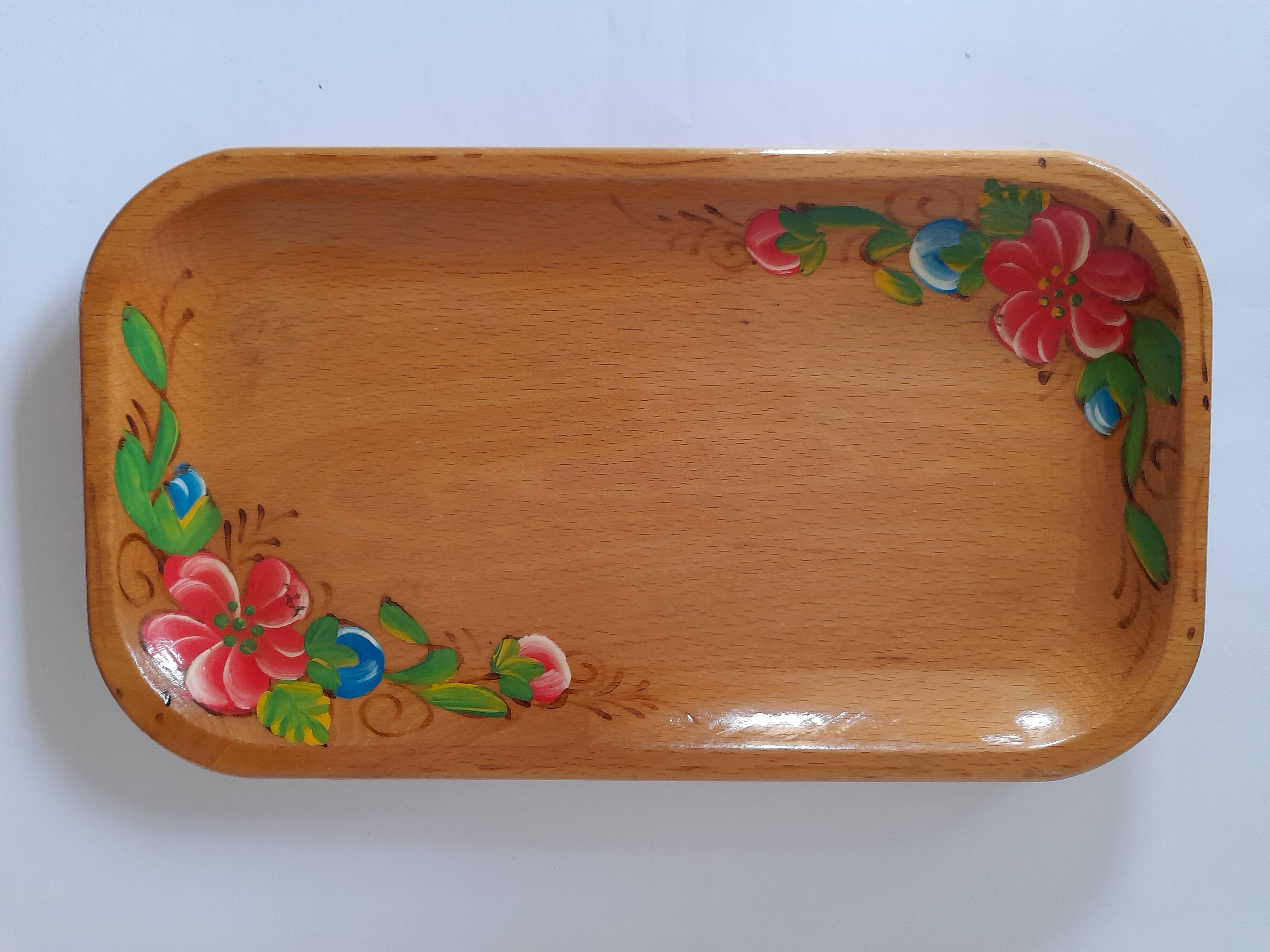 Vintage wooden tray with painted flowers