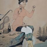 French School of the 20th Century "The Mountaineers' Picnic" Ink and watercolor drawing signed