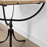 Oak and metal side table — industrial / art deco design