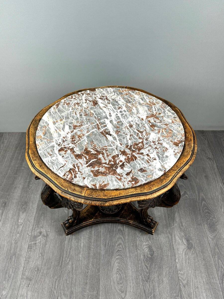 Table Guéridon en bois sculpté avec plateau en marbre, XIXe siècle