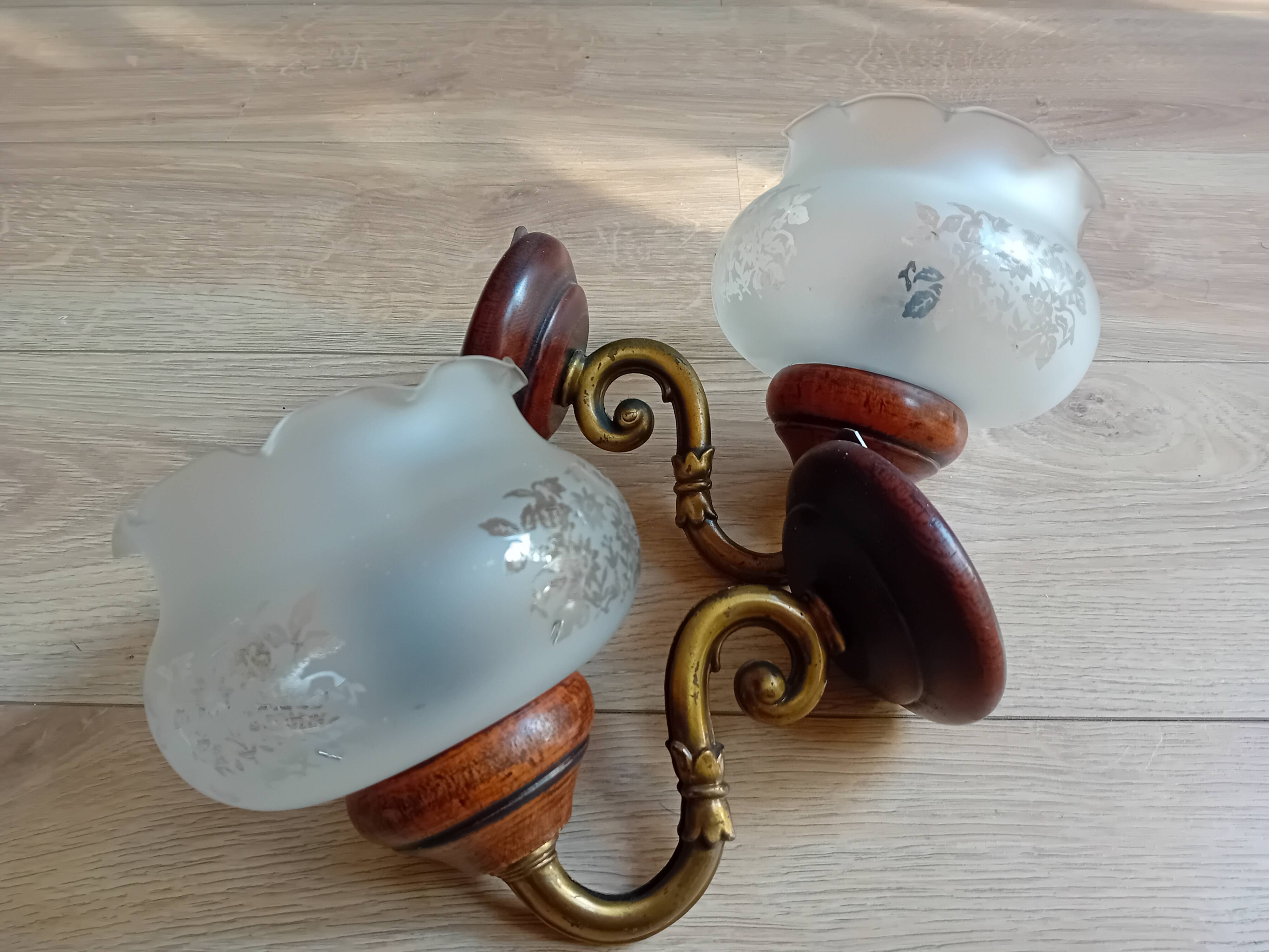 Pair of sandblasted glass, wood and brass wall lights