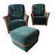 2 fauteuils et pouf assorti en tissu vert et bois