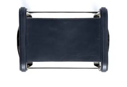 Contemporary bar stool in smoked black steel and navy blue leather.