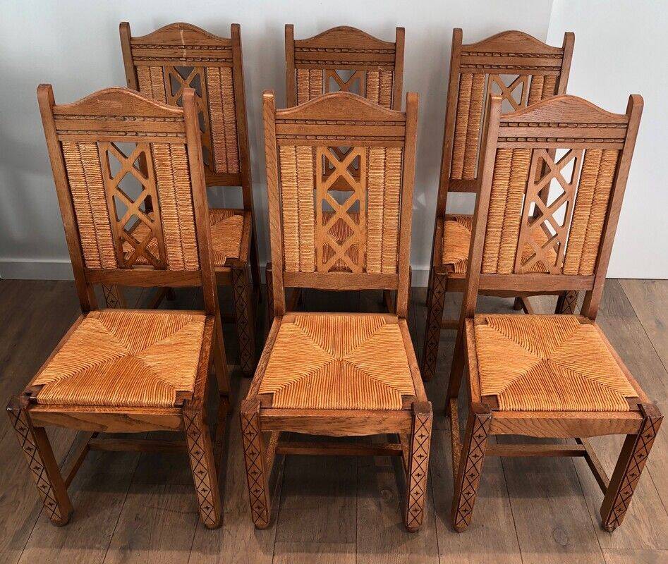 Lot de 6 chaises brutalistes en bois et rotin