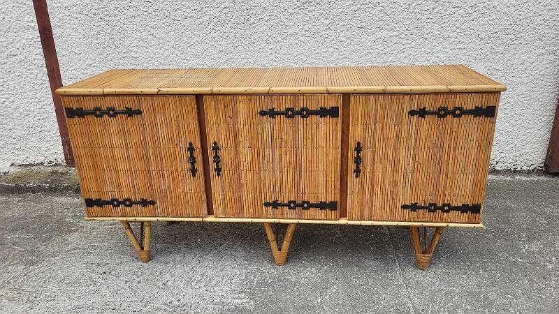 ENFILADE 3 DOORS VINTAGE 1960 IN RATTAN AND WROUGHT IRON