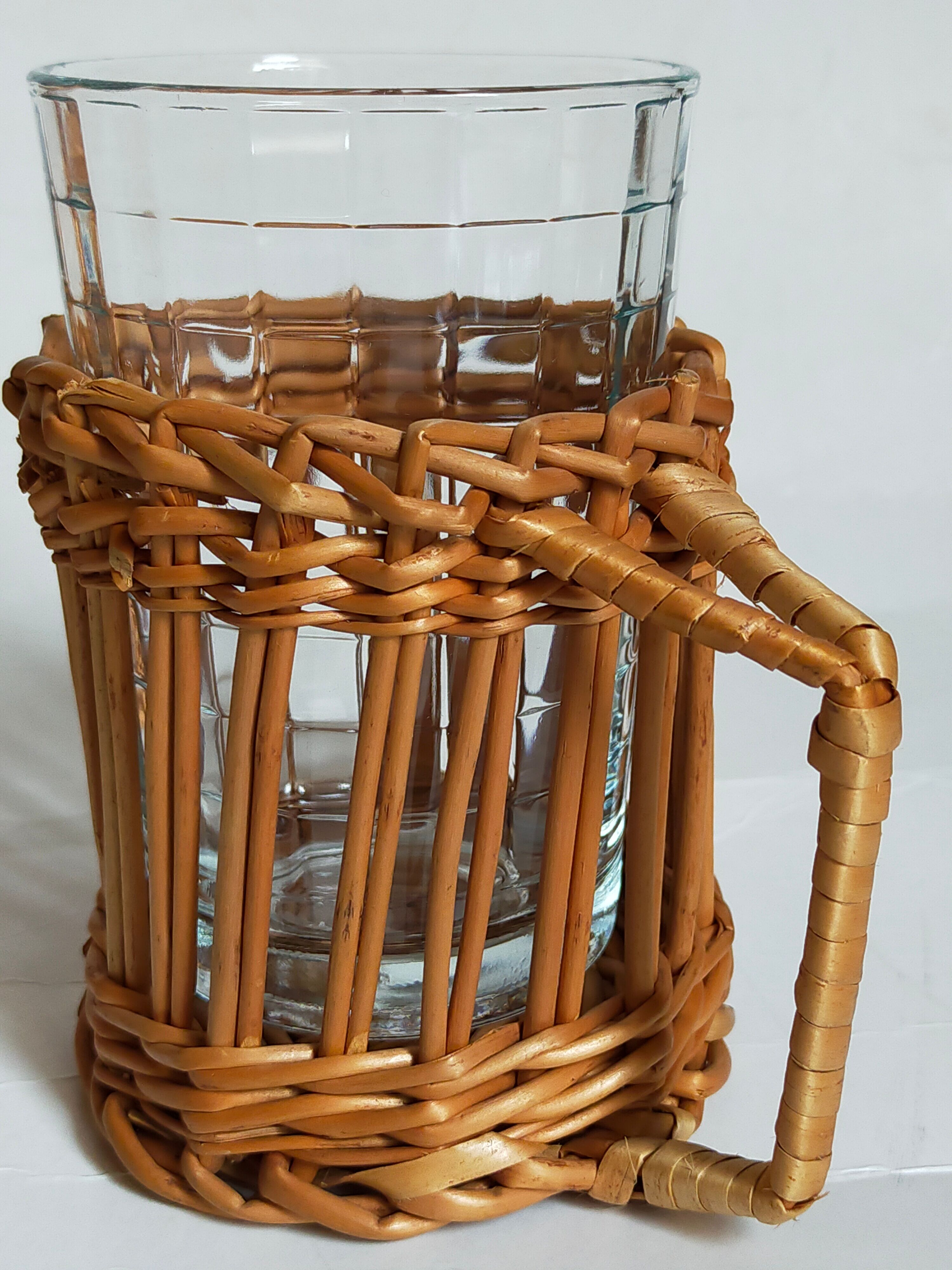 Six vintage 50s glasses in braided rattan cases