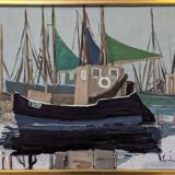 Mid-Century Modern Swedish "Green Sails" Vintage Seascape Oil Painting, Framed