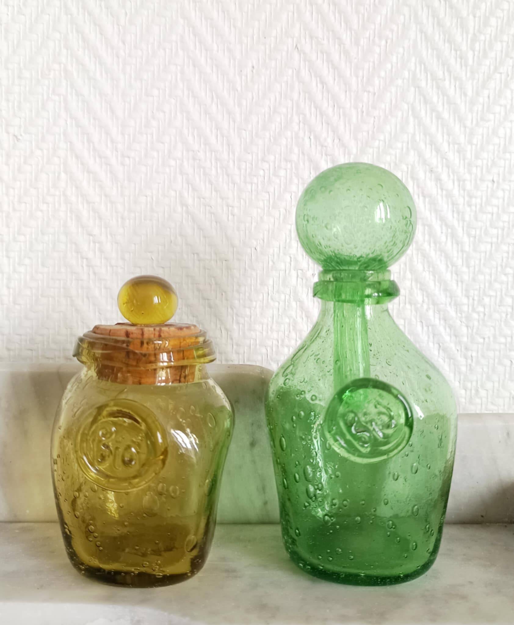 Two Biot bubble glass jars