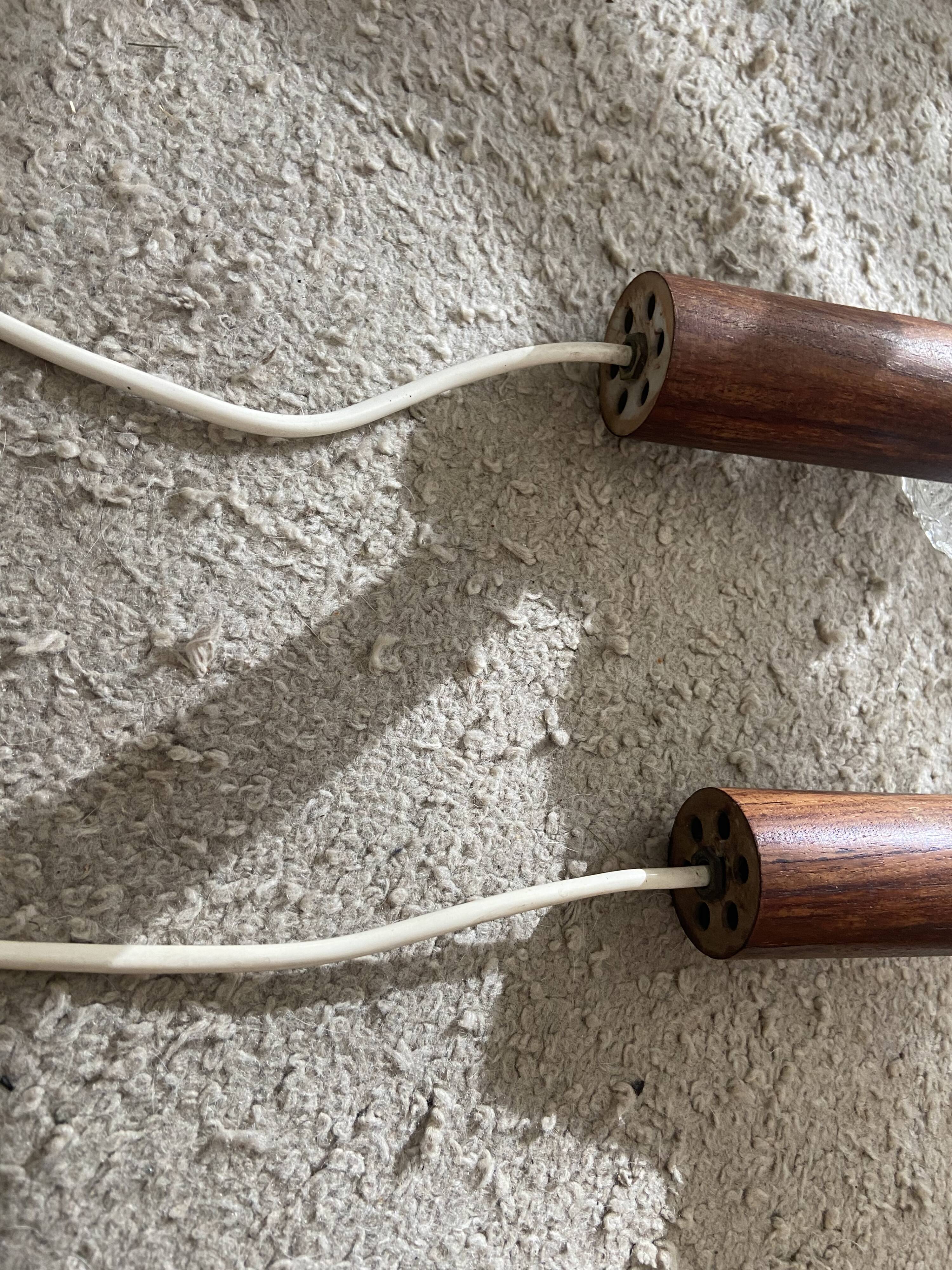Pair of suspension in teak and vintage Scandinavian glass