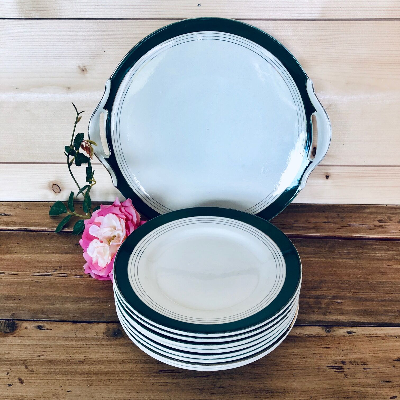 Digoin Sarreguemines green and white dessert service