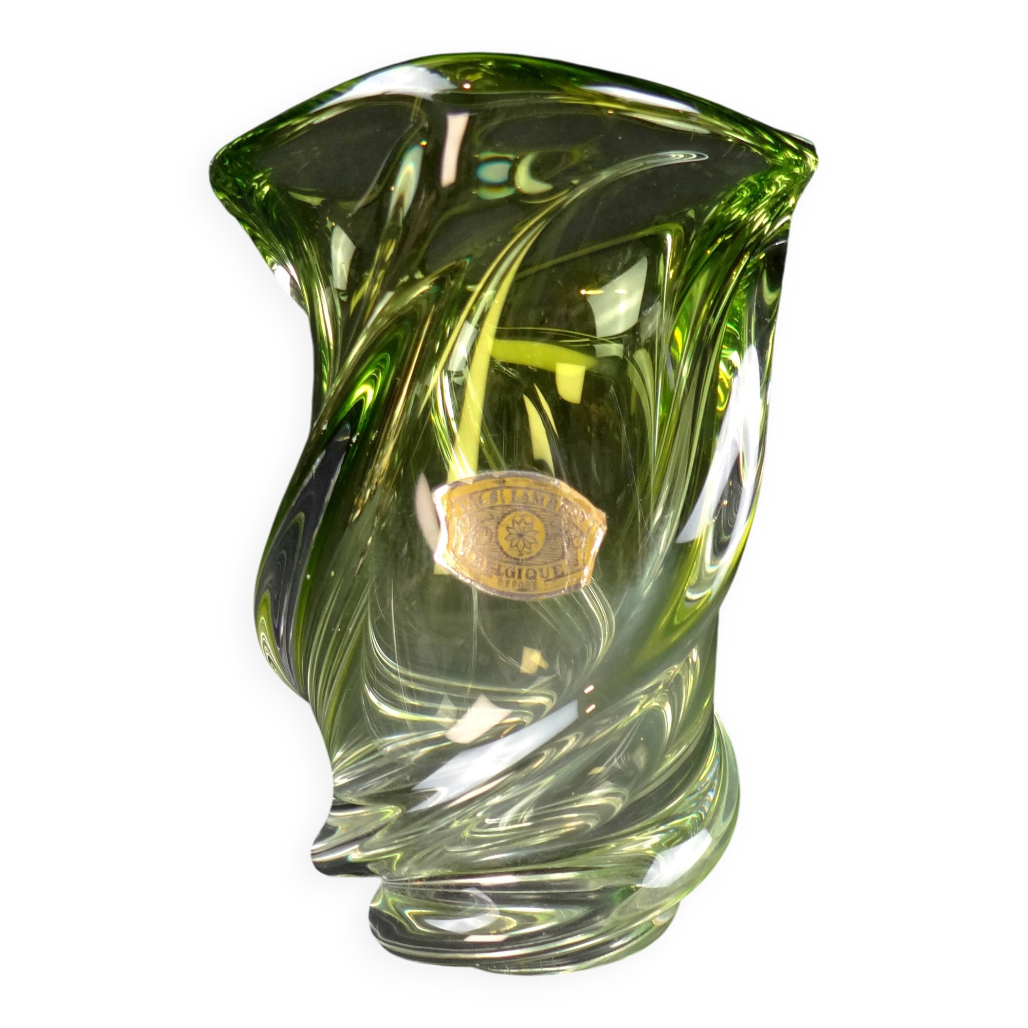 Val Saint Lambert crystal vase with a two-tone twisted shape, "Wave" model