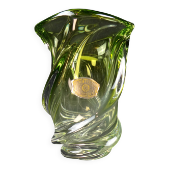 Val Saint Lambert crystal vase with a two-tone twisted shape, "Wave" model