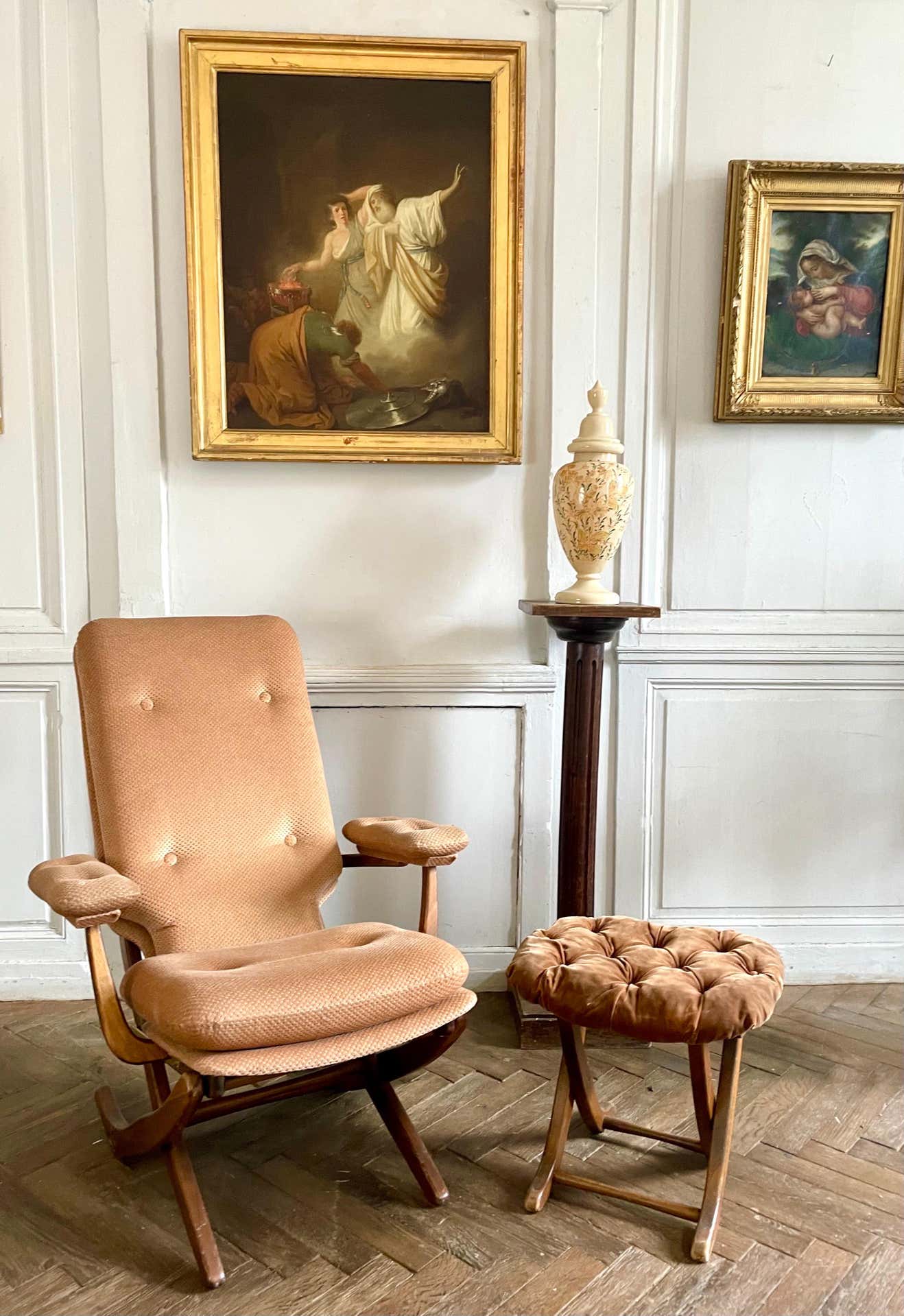 Folding armchair relax vintage wood and velvet with armrests - 70's