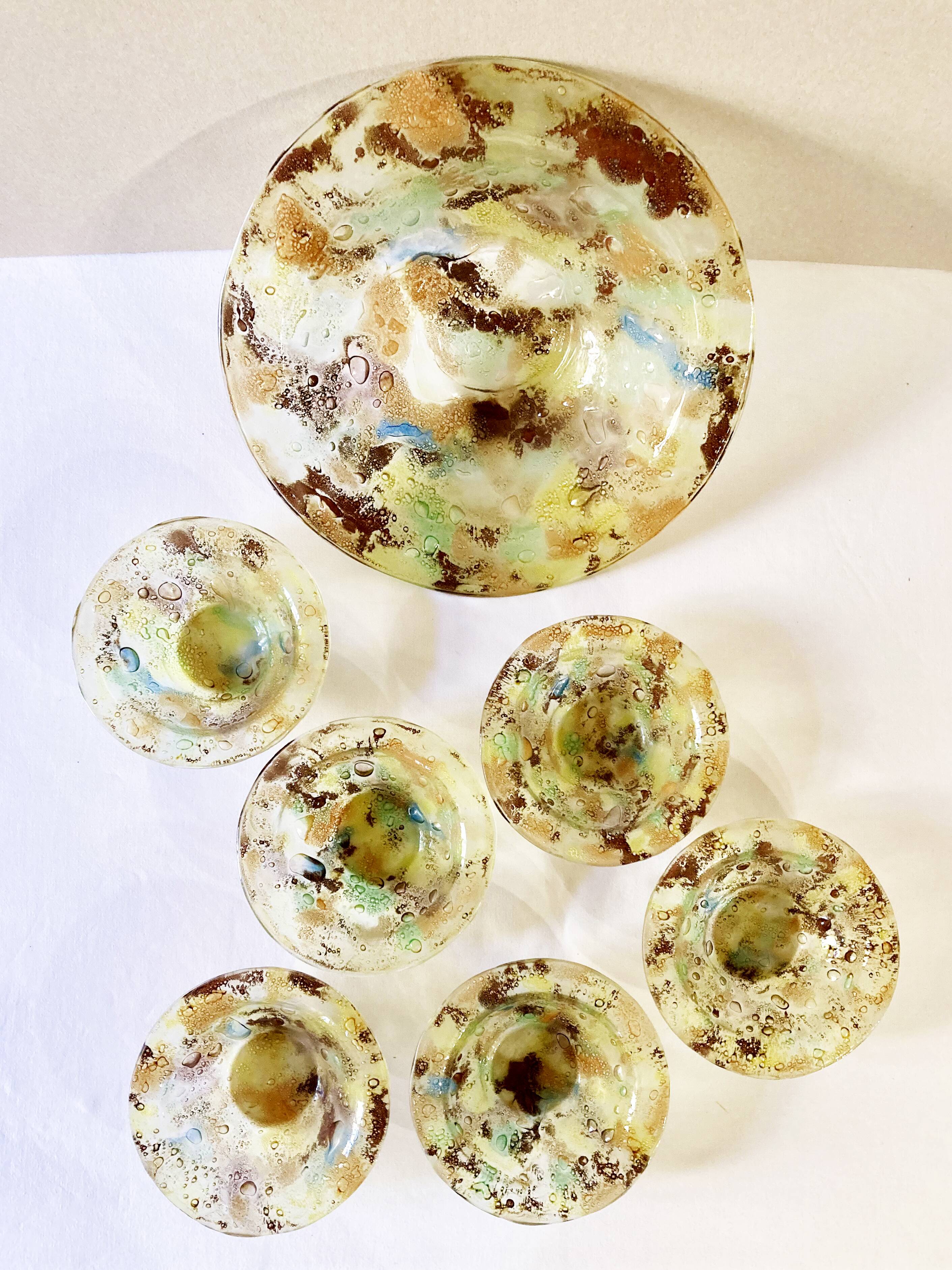 Salad bowl and 6 bowls in artisanal glass