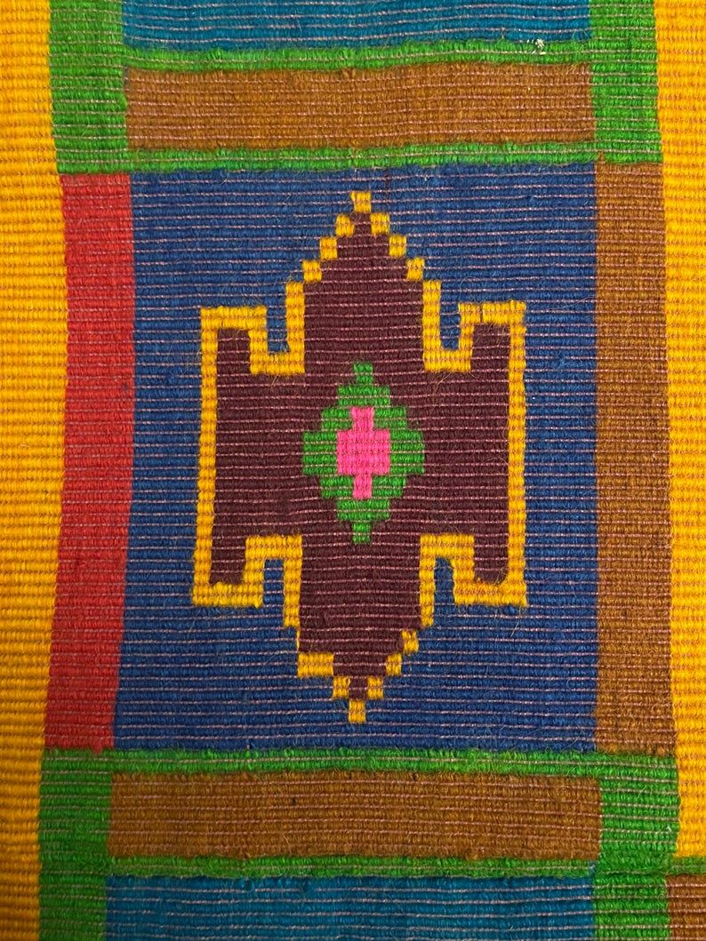 Handwoven vintage accent geometrical rug, colorful wool, Romanian carpet 230x160cm