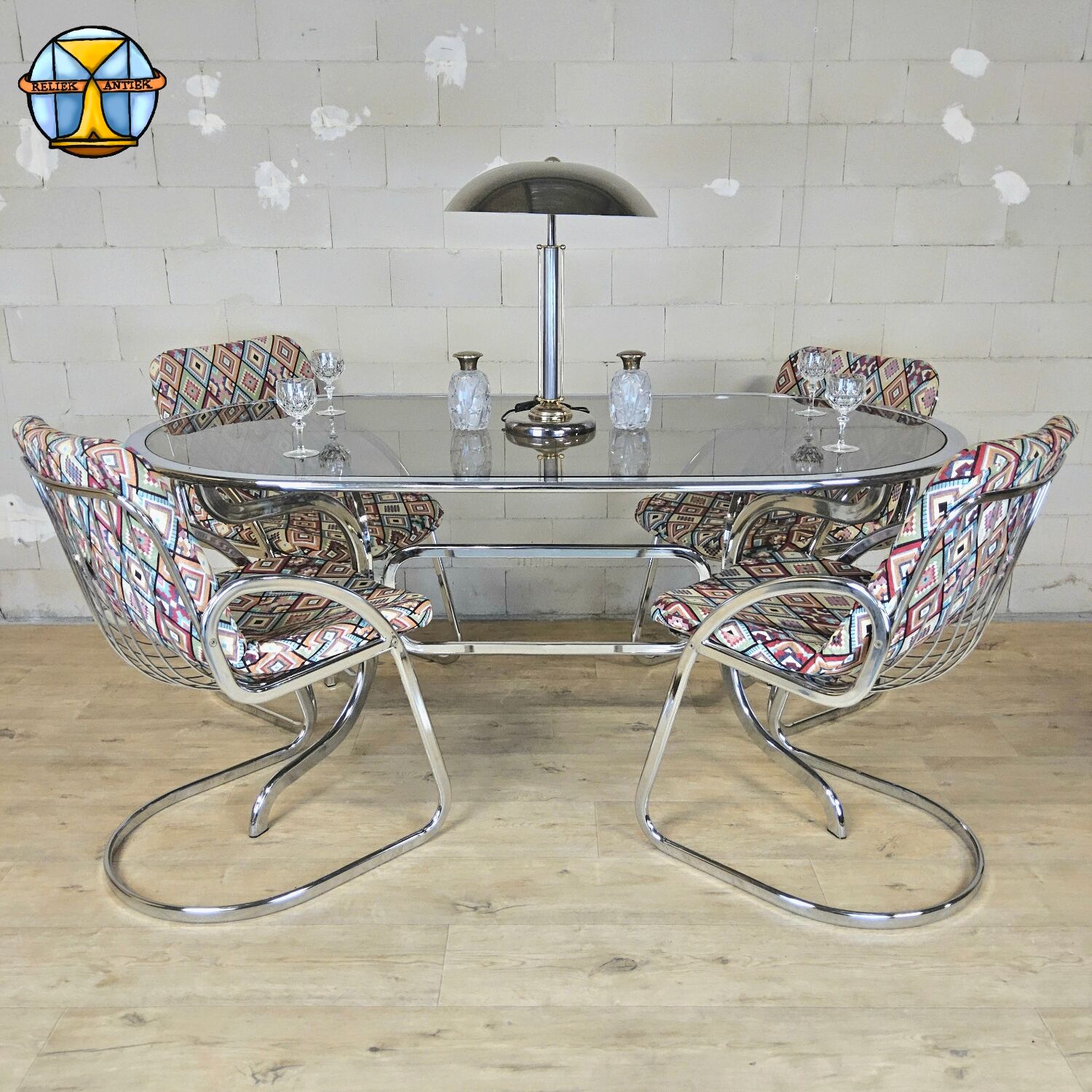 Vintage Gastone Rinaldi chrome & smoked glass dining table + chairs