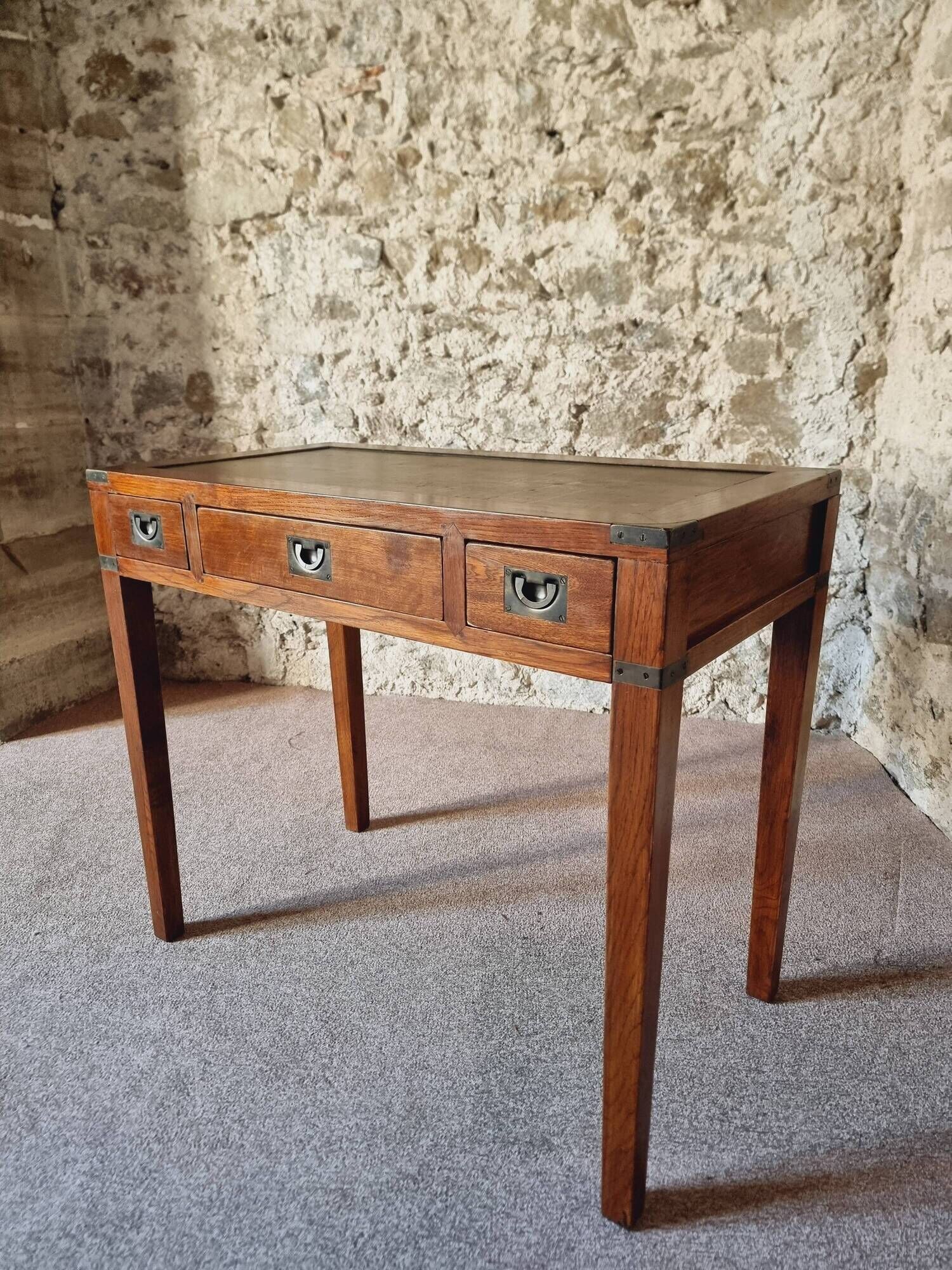 Vintage oak desk – 1970s – Green leather top and 3 drawers