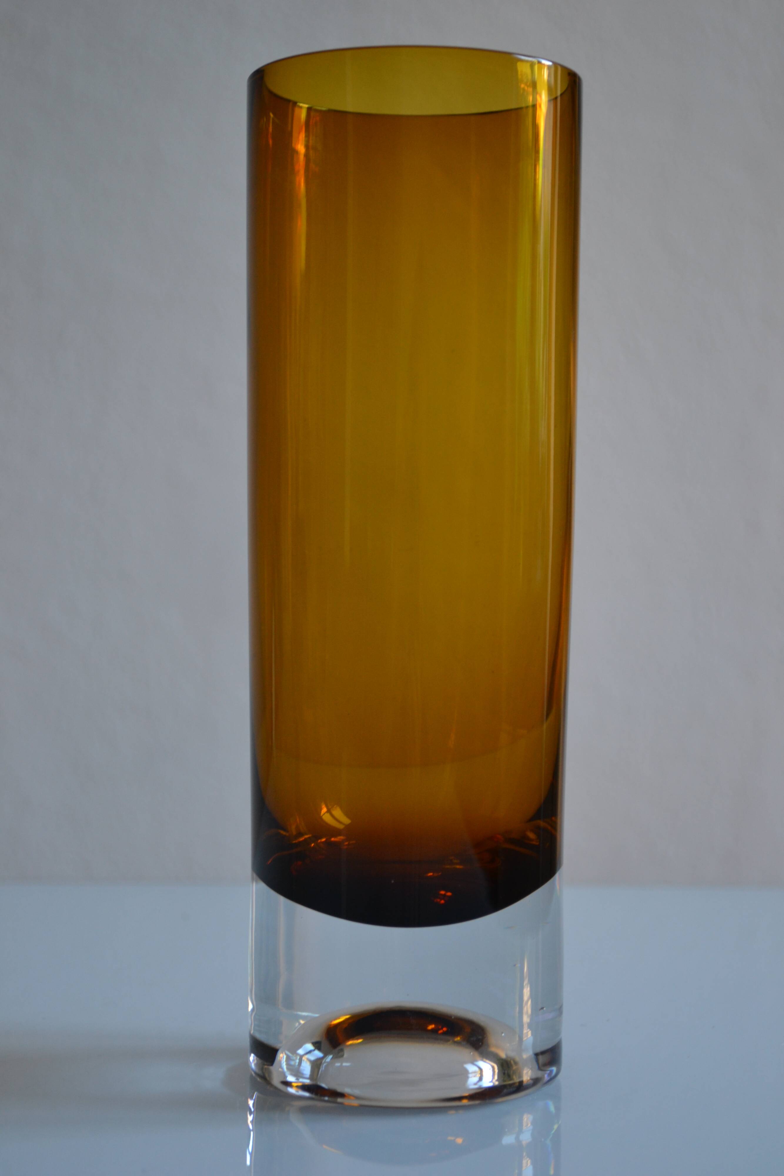 Vintage 70s 1970s roll vase, two-tone amber blown glass