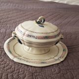 Antique sauceboat with lid in Gien earthenware, Rouen and dolphin decor