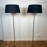 Pair of parquet floor lamps in faux-bamboo style in bronze and brass by Jacques Adnet.
